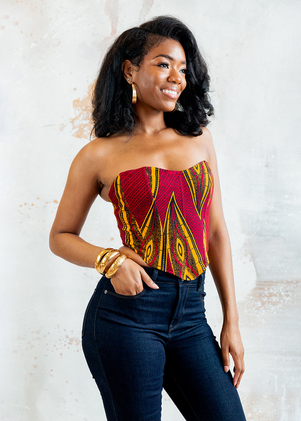 Caimile Women's African Print Stretch Corset (Red Yellow Leaves) - Clearance