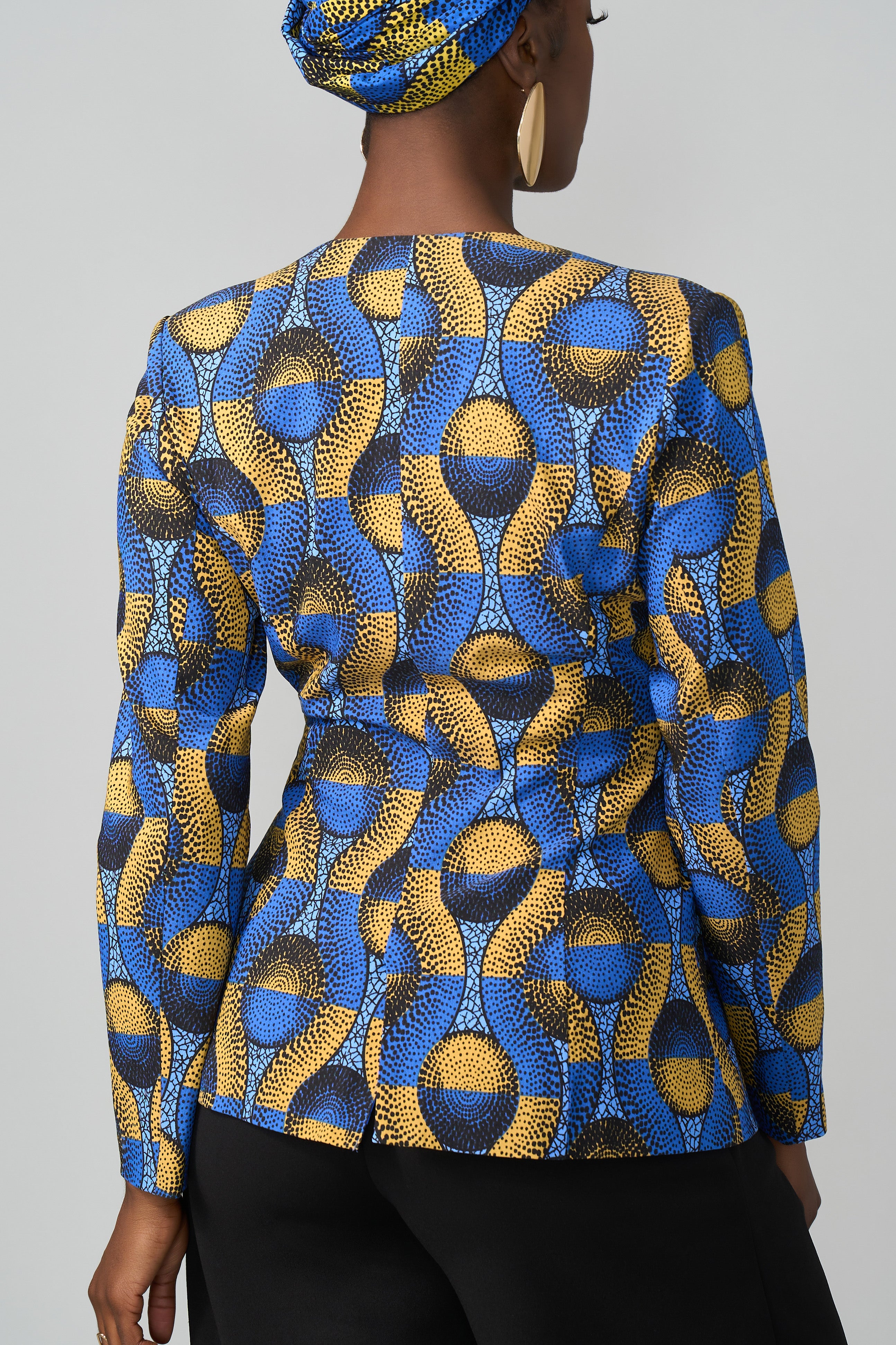 Fafa Women's African Print Stretch Zip-Up Blazer (Blue Gold Circles)