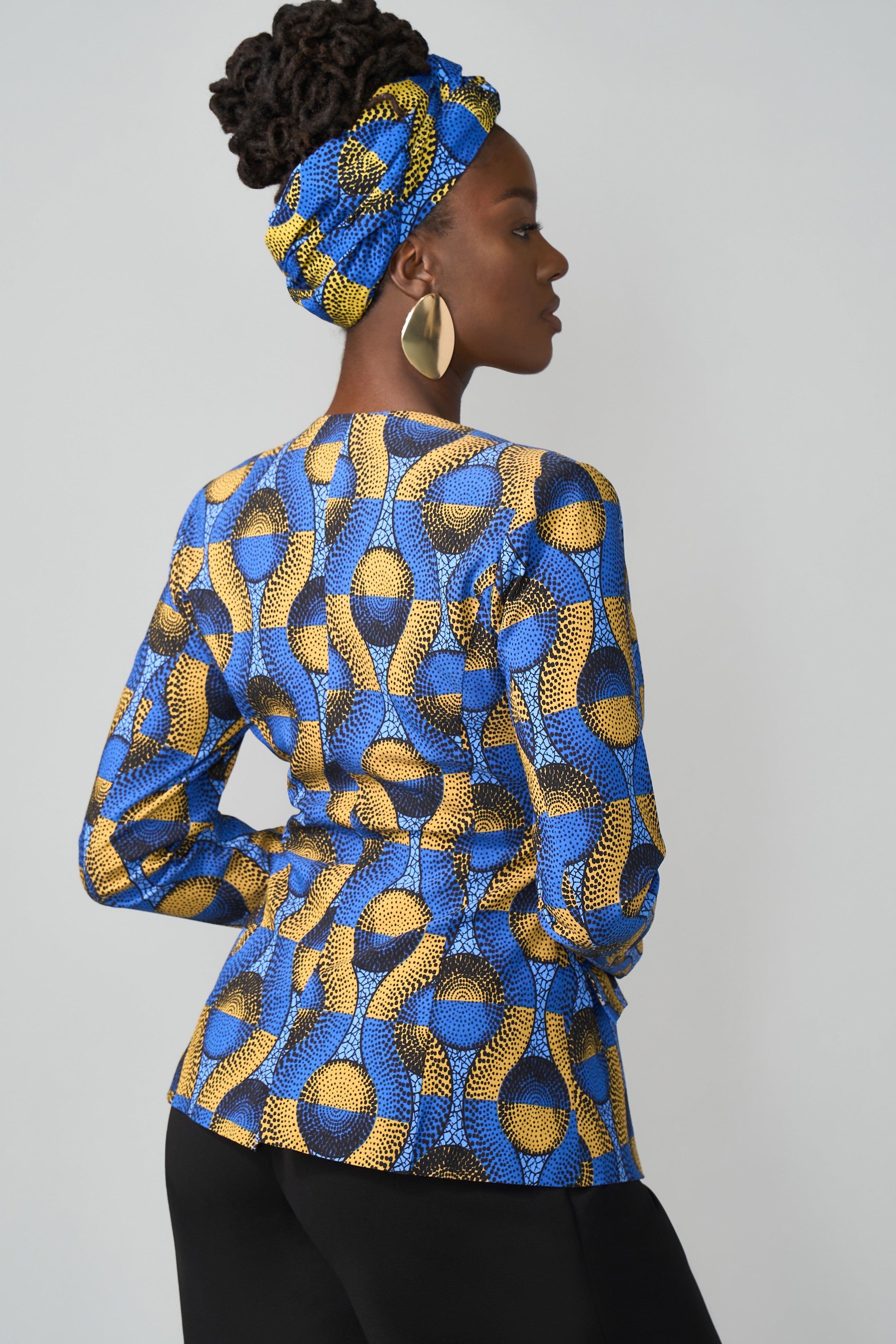 Fafa Women's African Print Stretch Zip-Up Blazer (Blue Gold Circles)