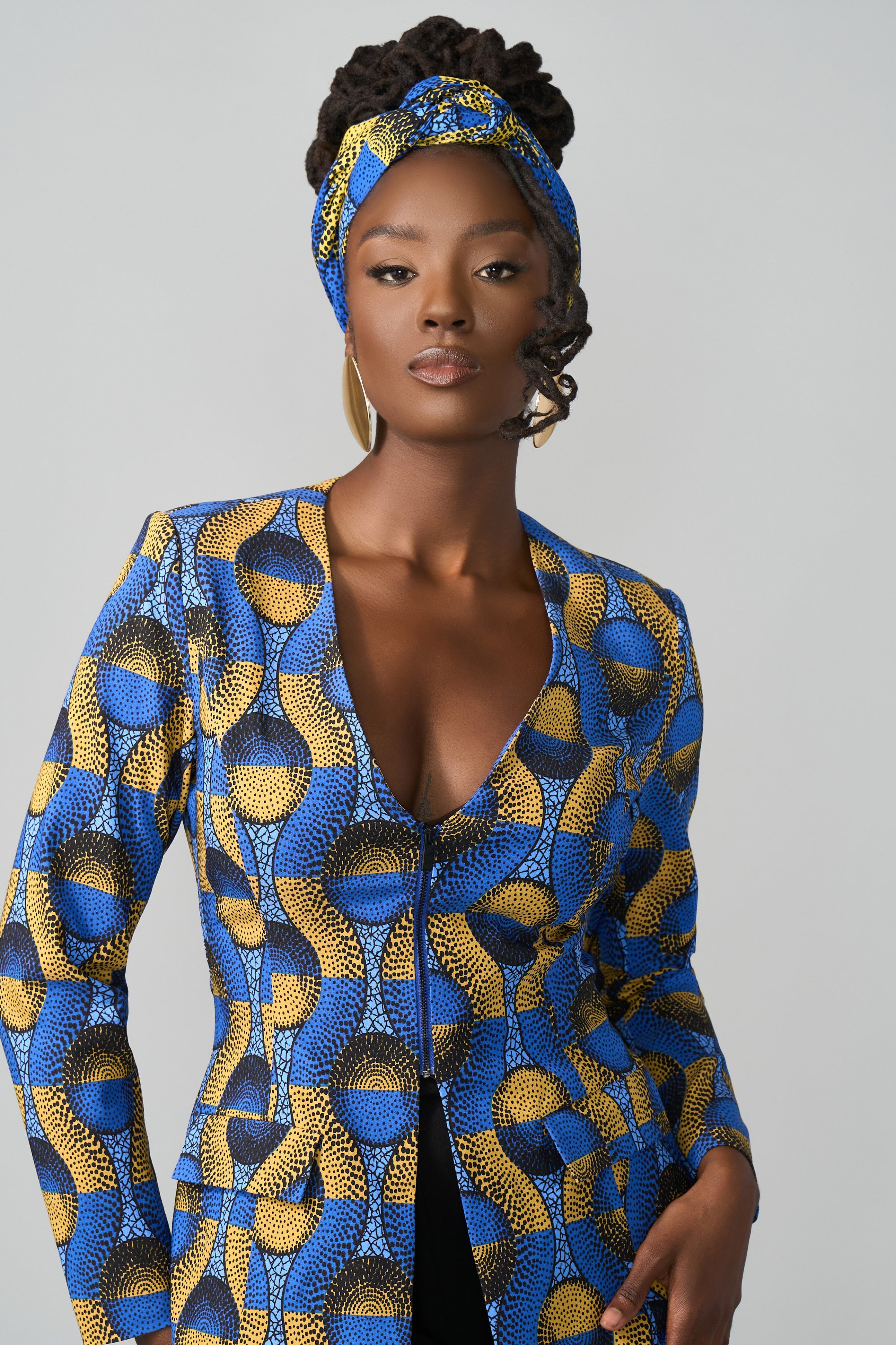 African Print Headwrap/Scarf (Blue Gold Circles)