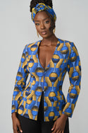 Fafa Women's African Print Stretch Zip-Up Blazer (Blue Gold Circles)