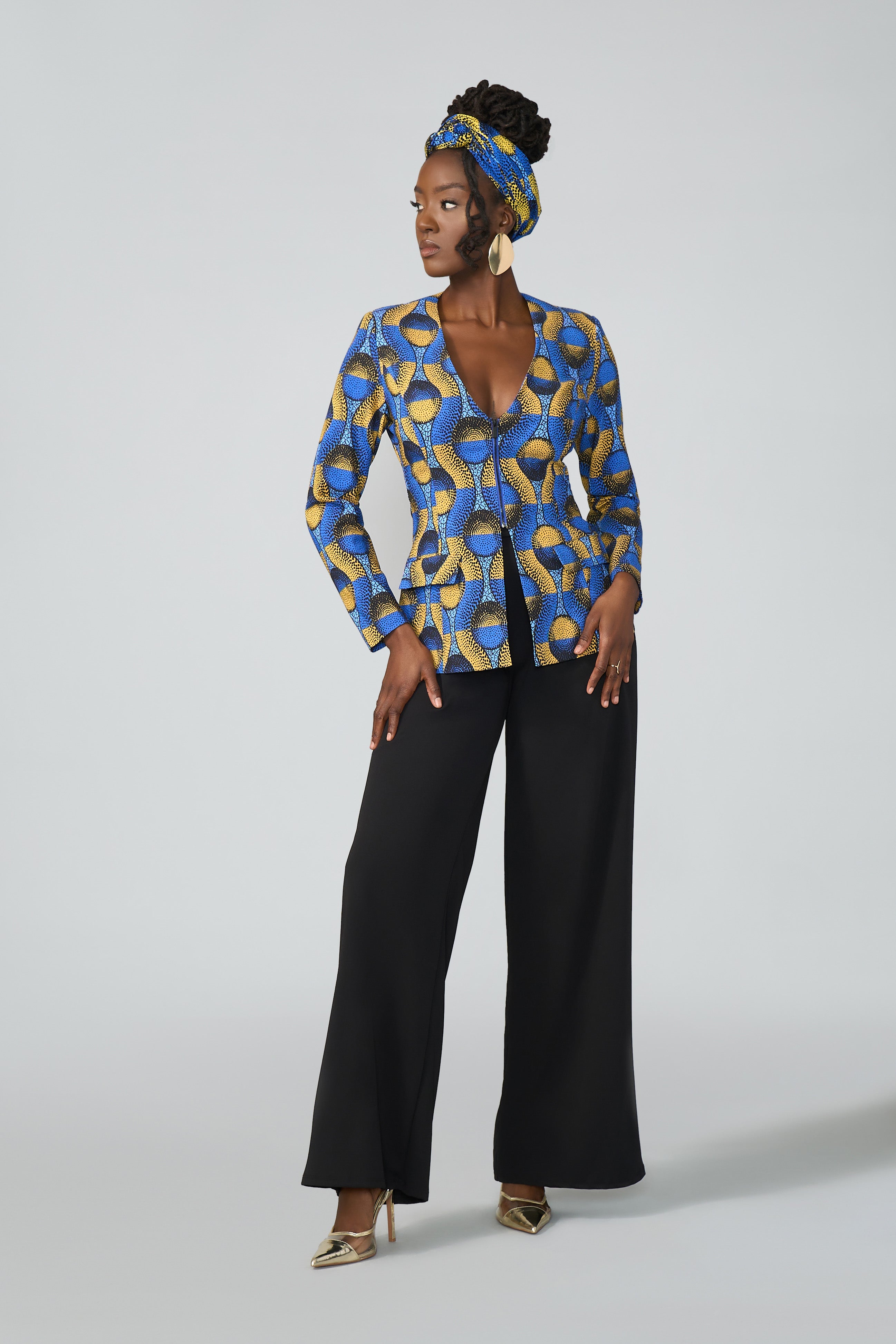 Fafa Women's African Print Stretch Zip-Up Blazer (Blue Gold Circles)