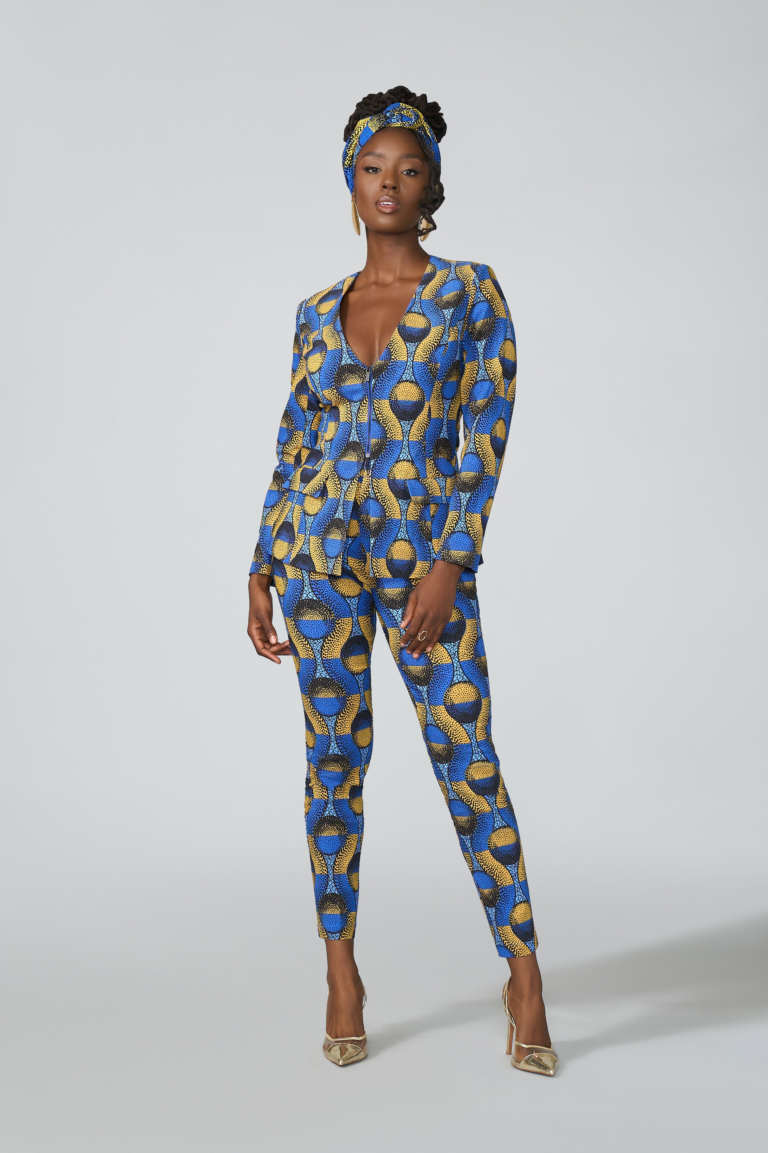 Fafa Women's African Print Stretch Zip-Up Blazer (Blue Gold Circles)