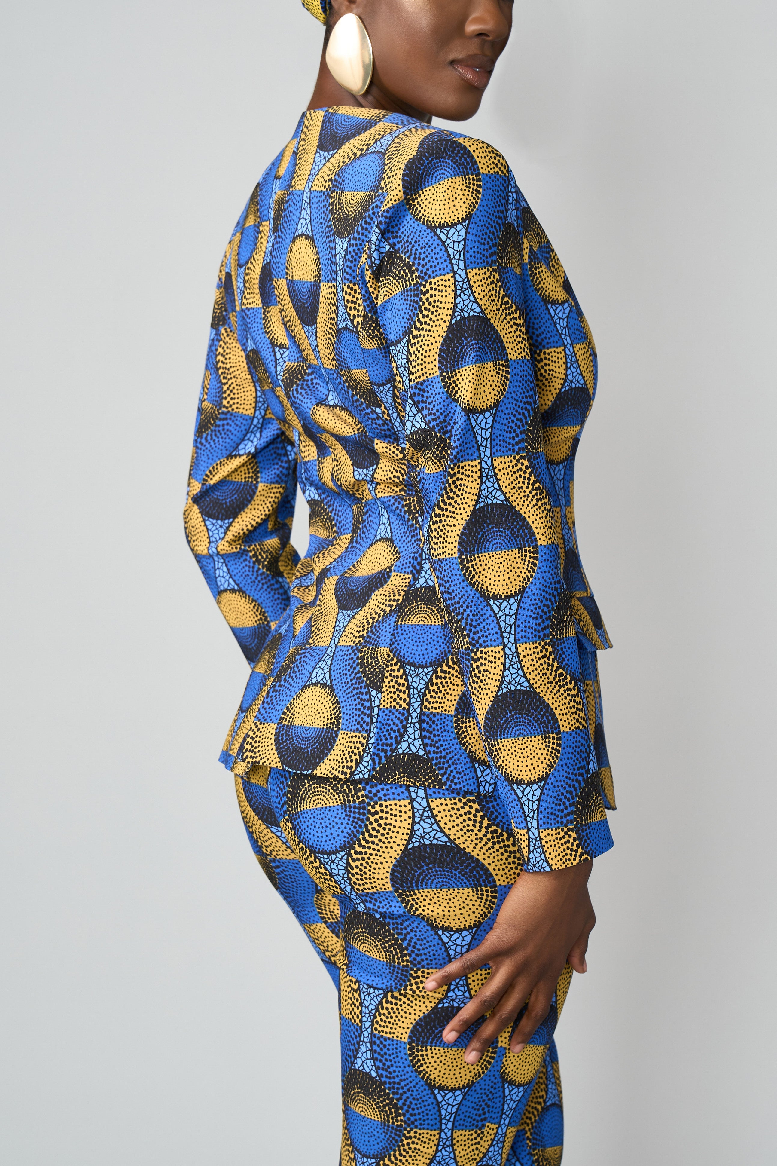 Fafa Women's African Print Stretch Zip-Up Blazer (Blue Gold Circles)