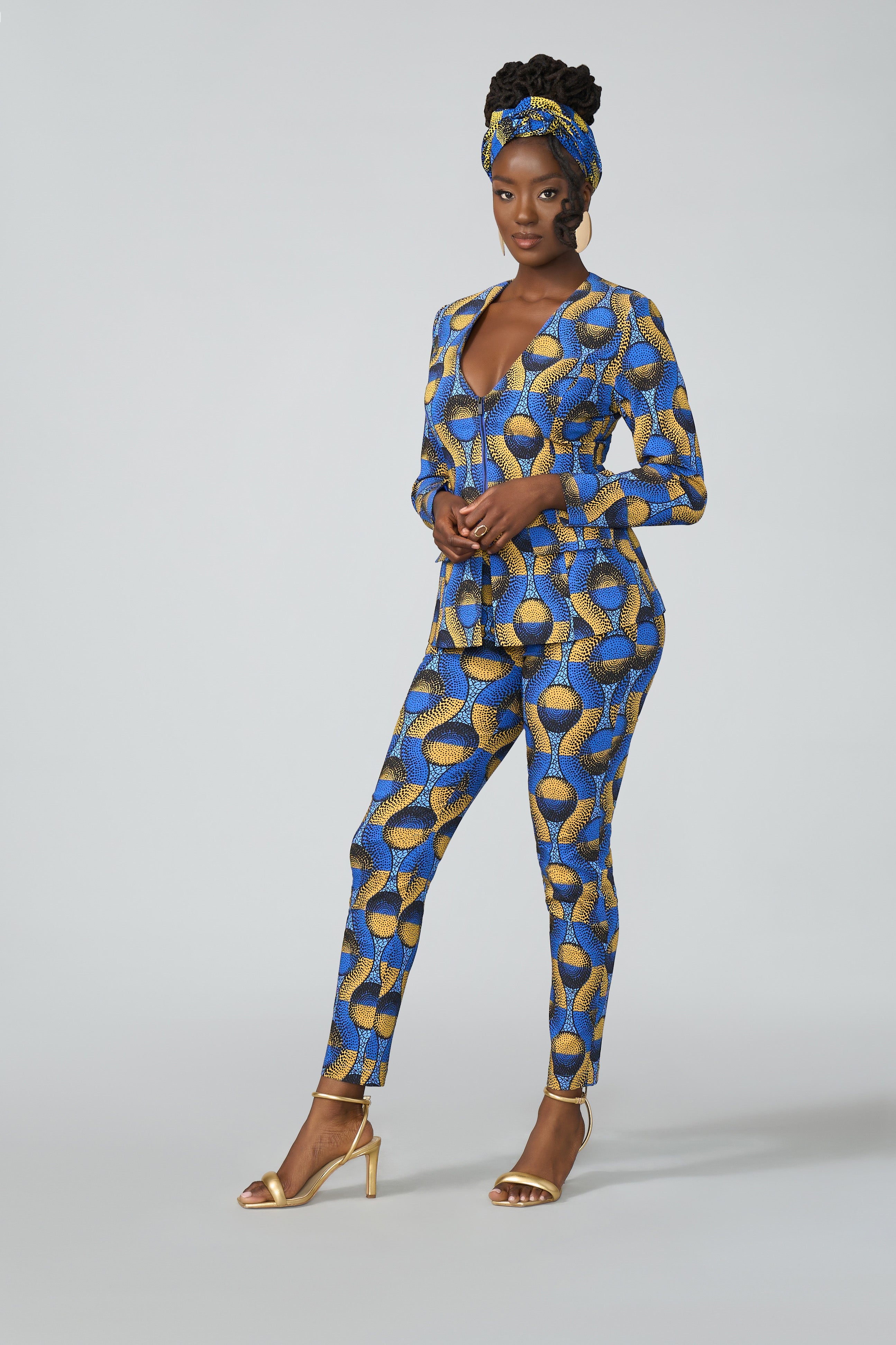 Fafa Women's African Print Stretch Zip-Up Blazer (Blue Gold Circles)