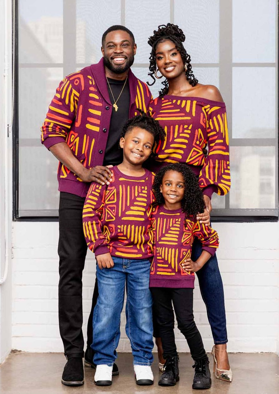 Aren Men's African Print Cardigan Sweater (Plum Gold Tribal)