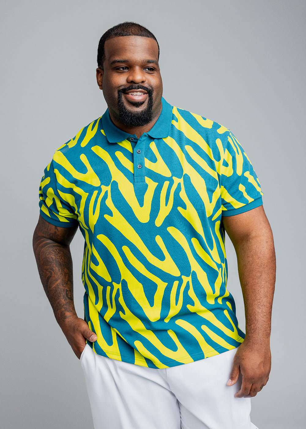 Femi Men's African Print Polo Shirt (Lime Zebra Abstract)