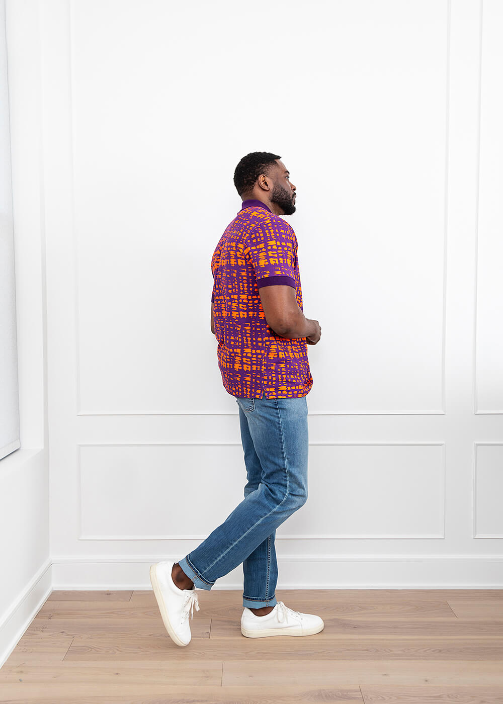 Femi Men's African Print Polo Shirt (Purple Tangerine Adire) - Clearance