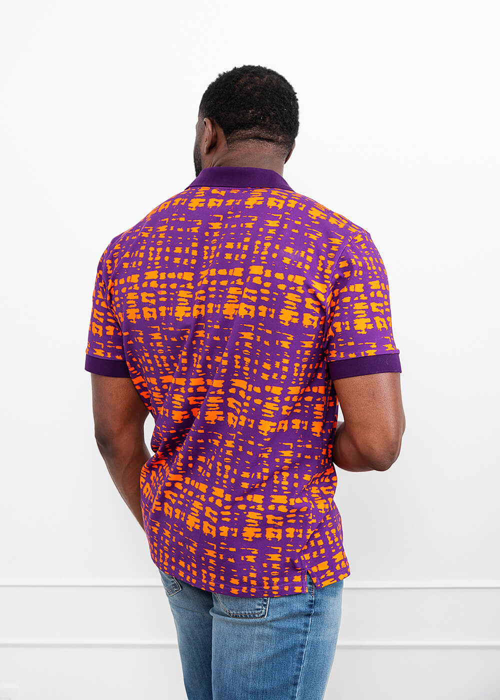 Femi Men's African Print Polo Shirt (Purple Tangerine Adire) - Clearance