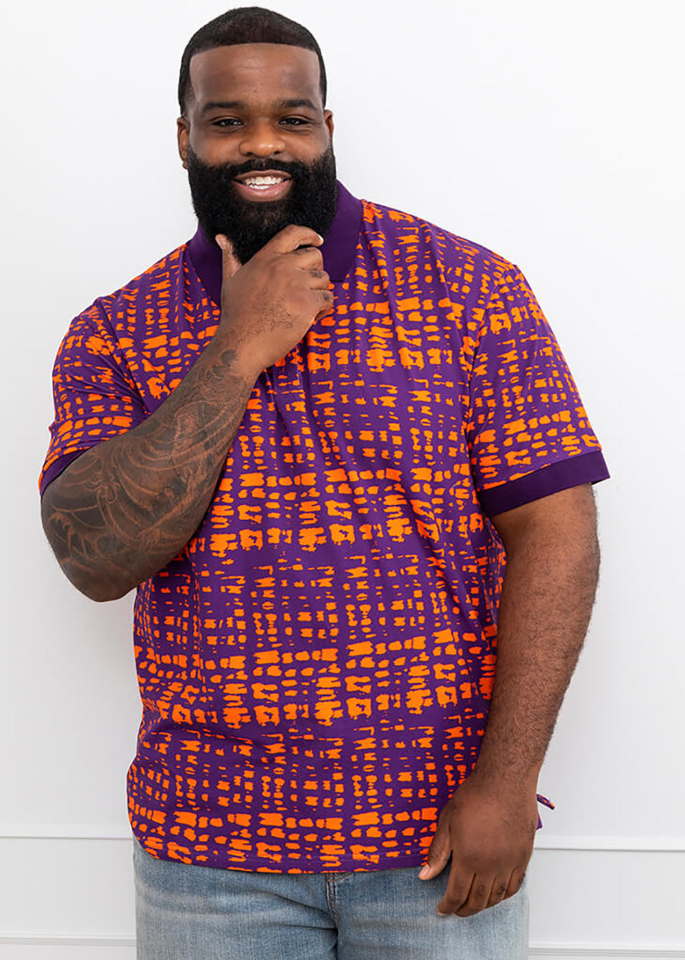 Femi Men's African Print Polo Shirt (Purple Tangerine Adire) - Clearance