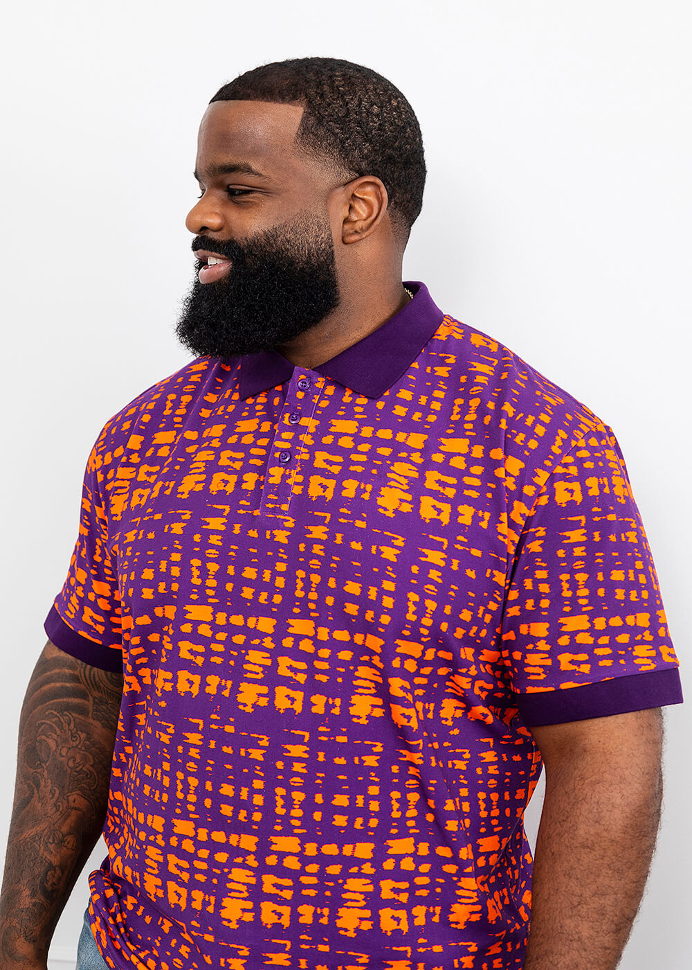 Femi Men's African Print Polo Shirt (Purple Tangerine Adire) - Clearance