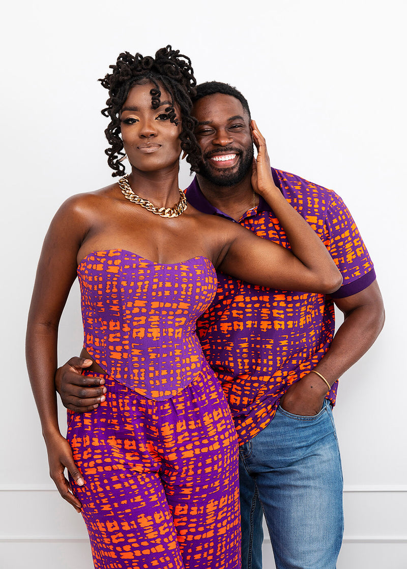 Kwamena Women's African Print Button-Up Purple Tangerine Adire – D