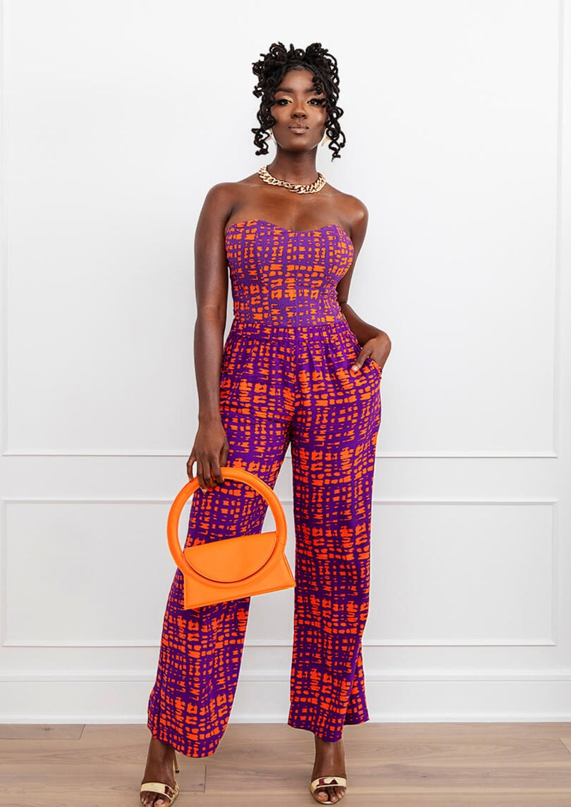 Caimile Women African Print Stretch Corset Top Purple Tangerine