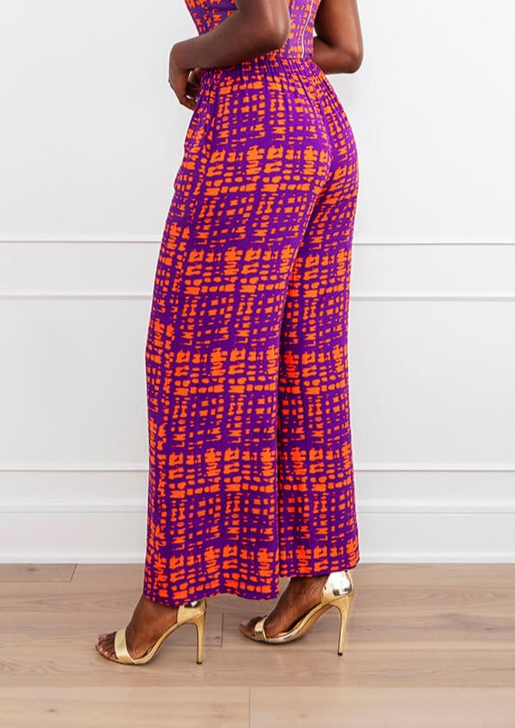 Sika Women's African Print Wide Leg Pants (Purple Tangerine Adire) - Clearance