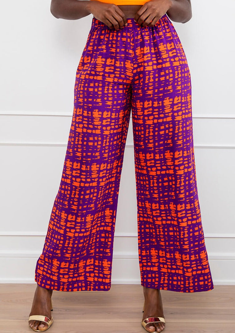 Sika Women's African Print Wide Leg Pants (Purple Tangerine Adire) - Clearance