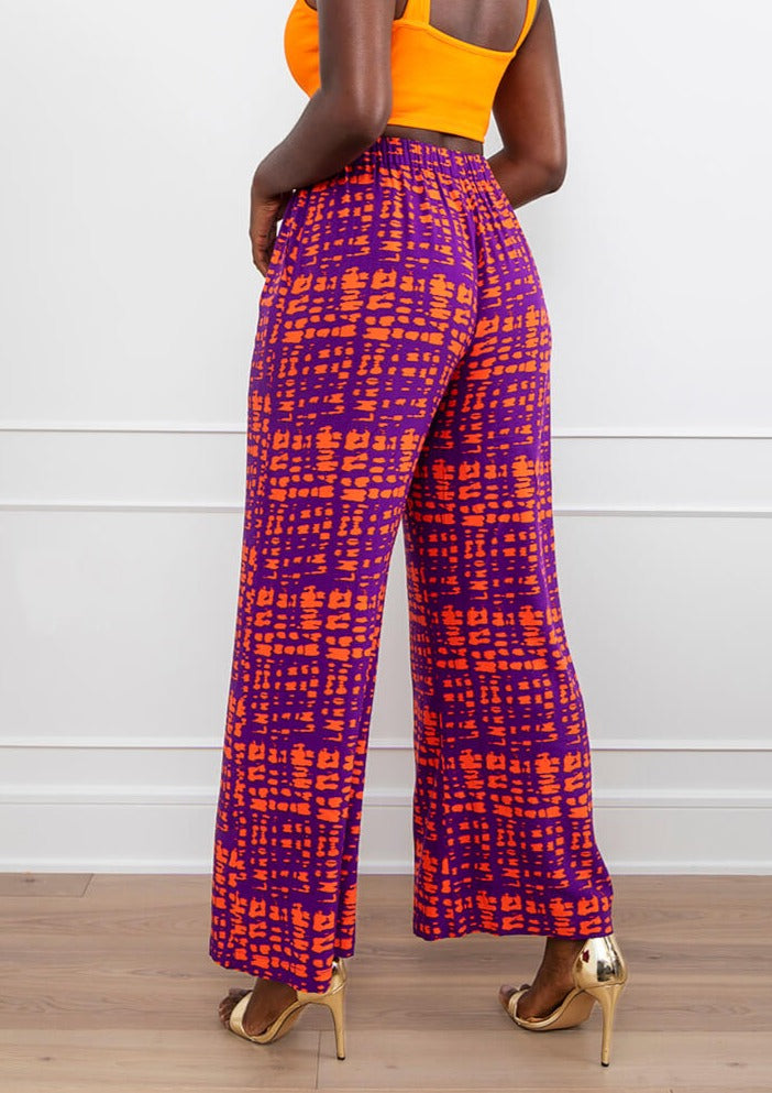 Sika Women's African Print Wide Leg Pants (Purple Tangerine Adire) - Clearance