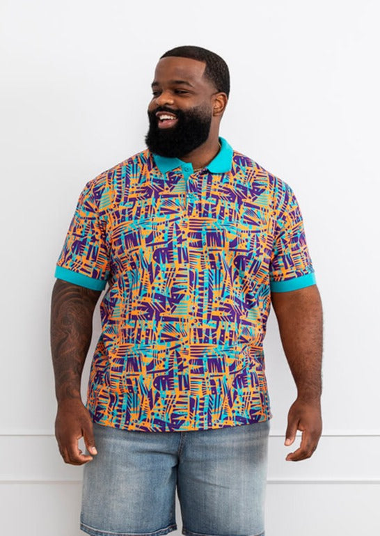 Femi Men's African Print Polo Shirt (Tropical Stamp) - Clearance