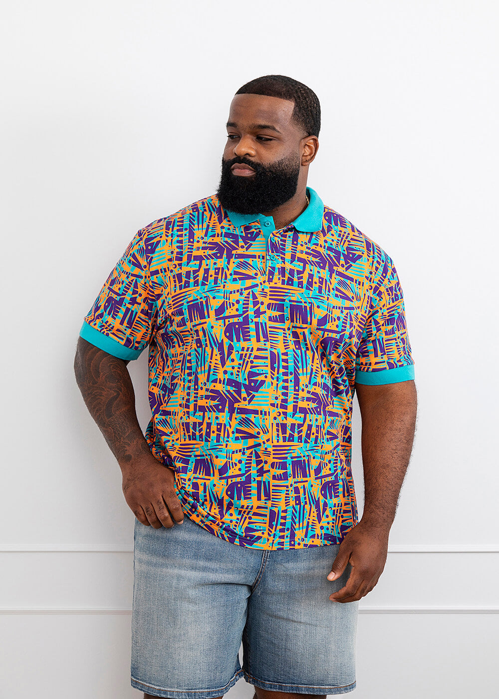 Femi Men's African Print Polo Shirt (Tropical Stamp) - Clearance