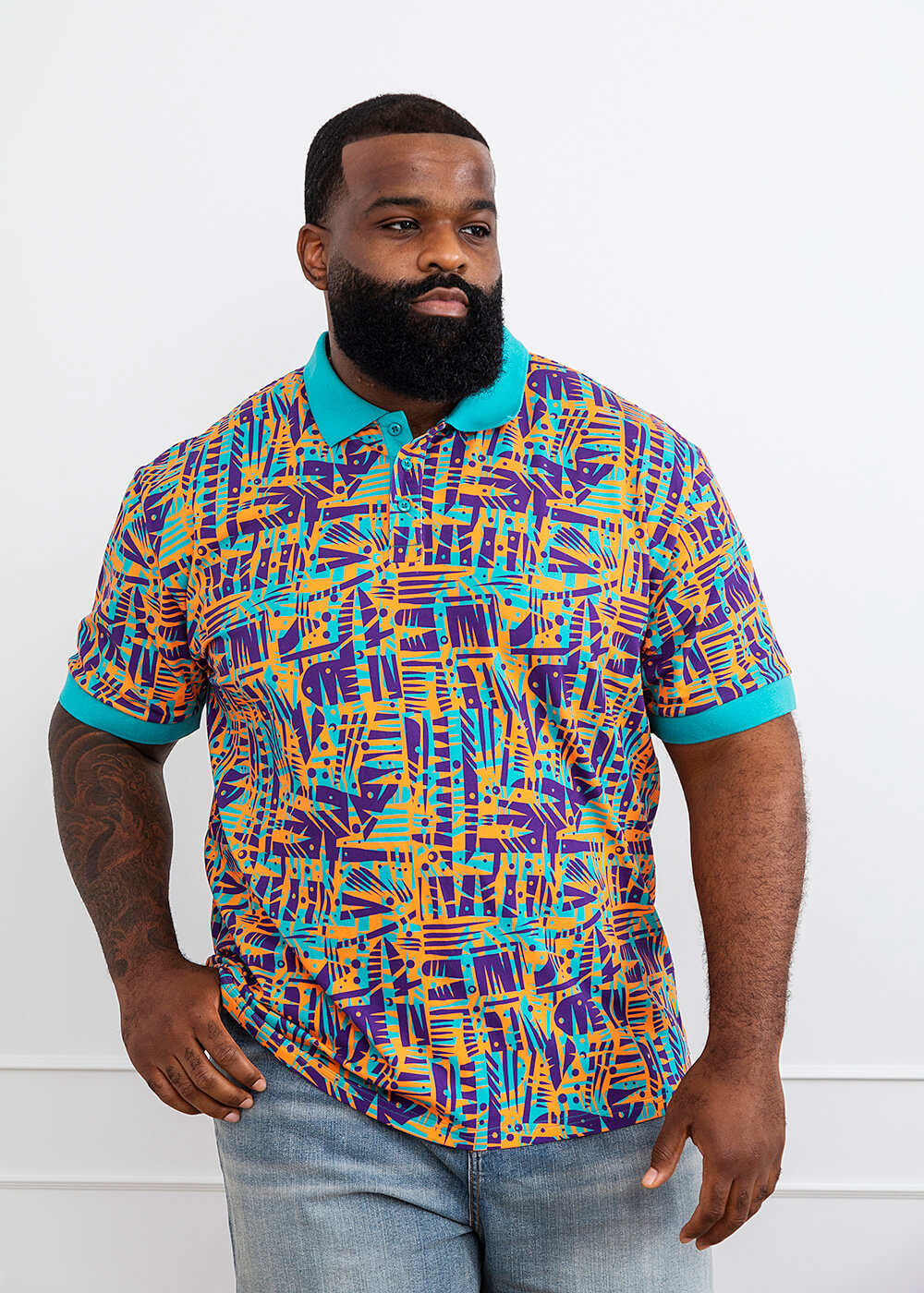 Femi Men's African Print Polo Shirt (Tropical Stamp) - Clearance