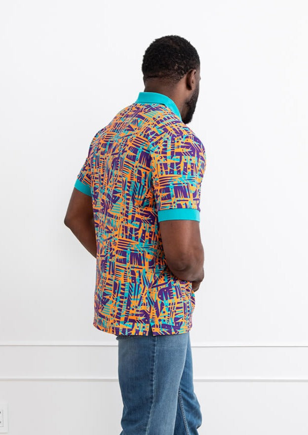 Femi Men's African Print Polo Shirt (Tropical Stamp) - Clearance