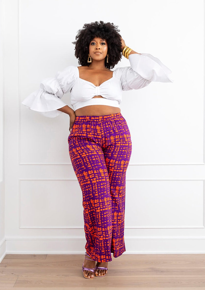 Sika Women's African Print Wide Leg Pants (Purple Tangerine Adire) - Clearance