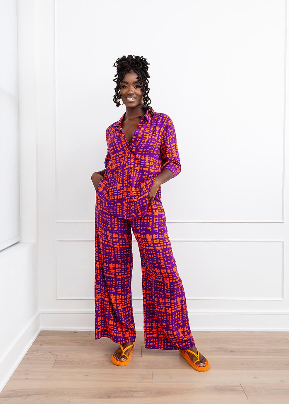 Sika Women's African Print Wide Leg Pants (Purple Tangerine Adire) - Clearance