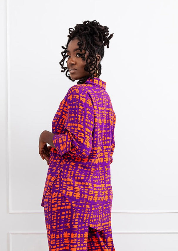 Kwamena Women's African Print Button-Up Shirt (Purple Tangerine Adire)