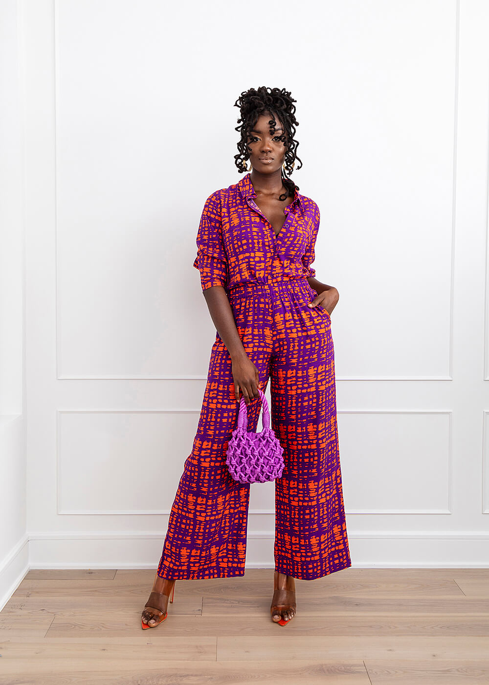 Kwamena Women's African Print Button-Up Shirt (Purple Tangerine Adire)