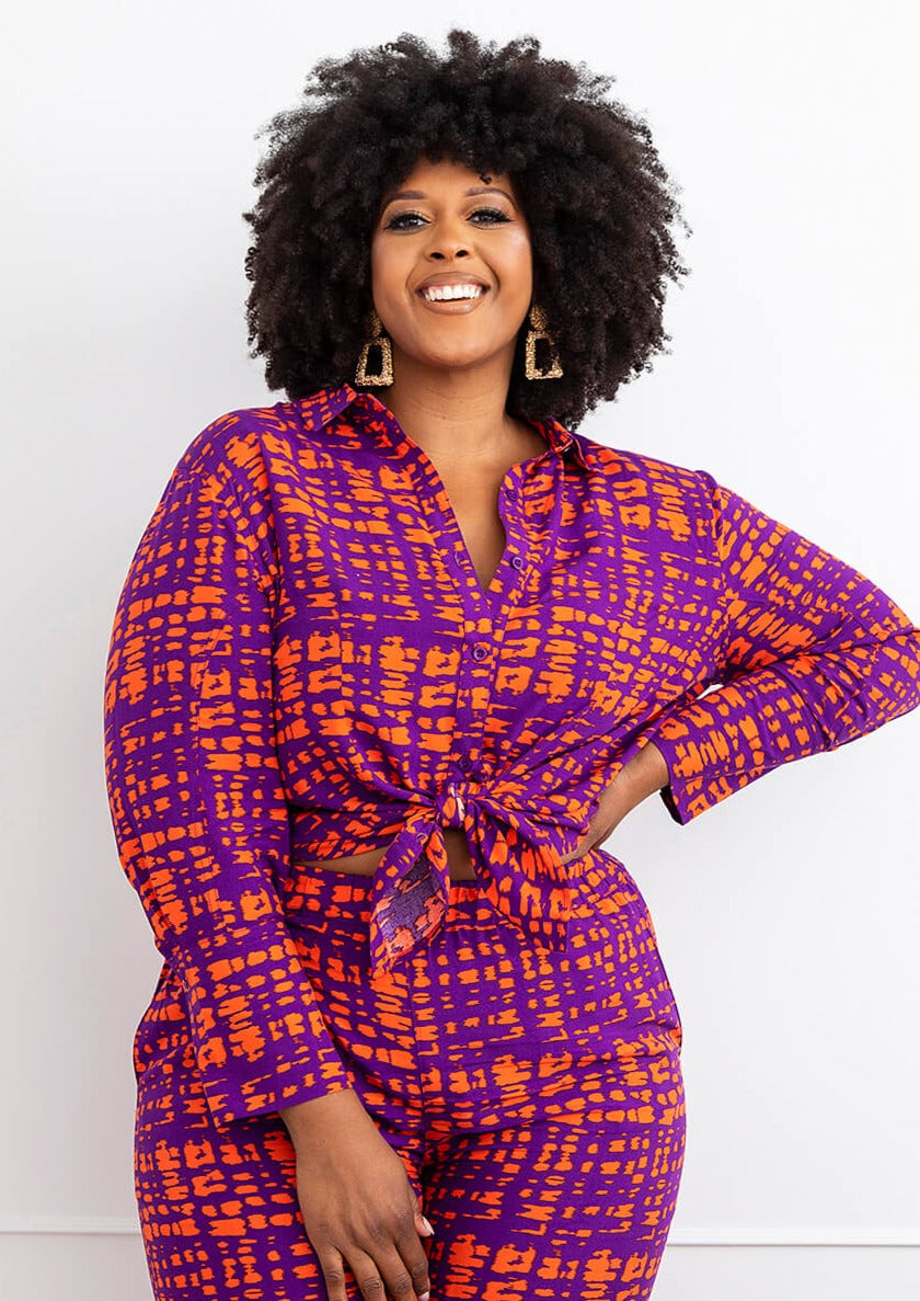 Kwamena Women's African Print Button-Up Shirt (Purple Tangerine Adire)