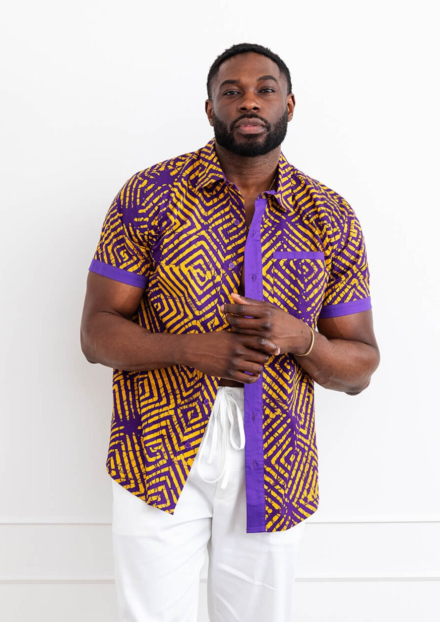 Tisholo Men's African Print Button-Up Shirt (Purple Diamond Adire) - C