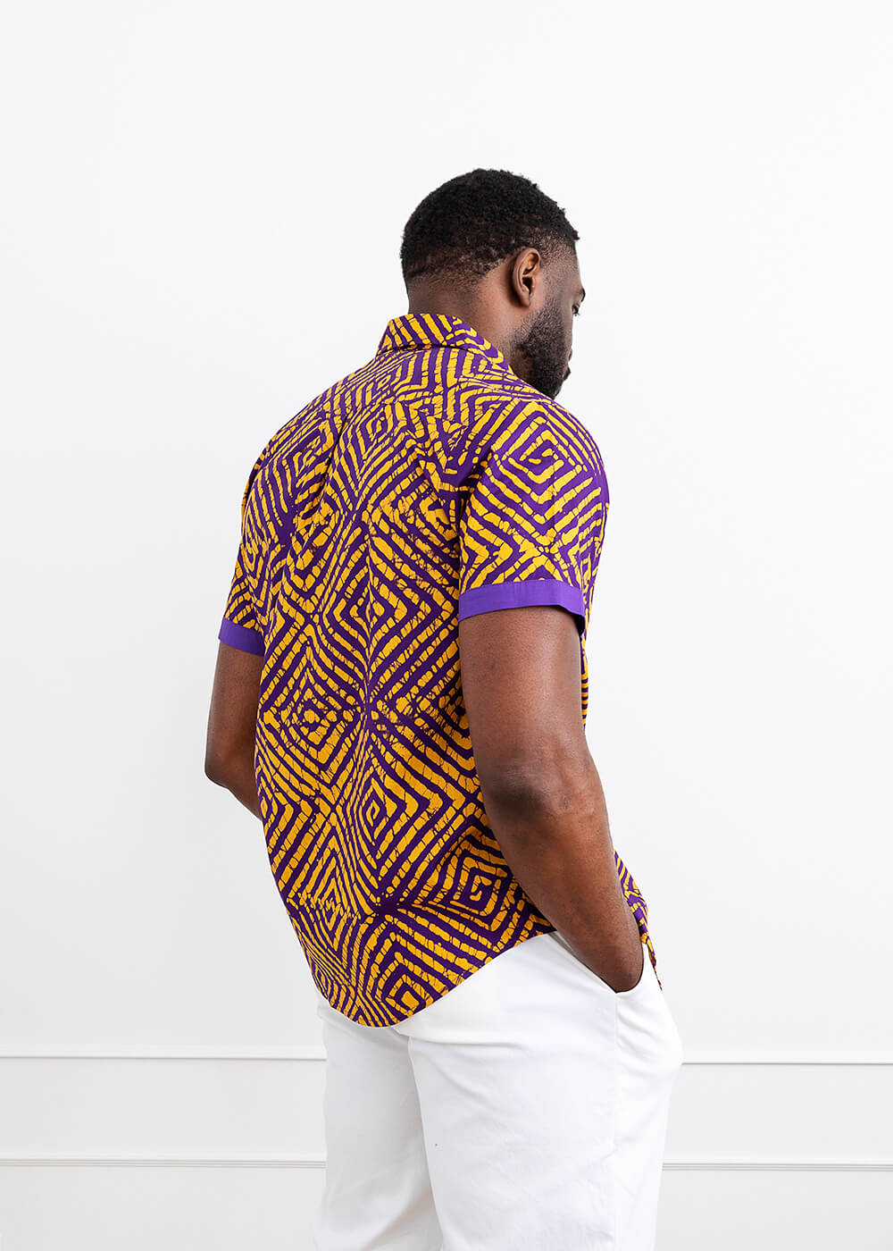 Tisholo Men's African Print Button-Up Shirt (Purple Diamond Adire) - Clearance