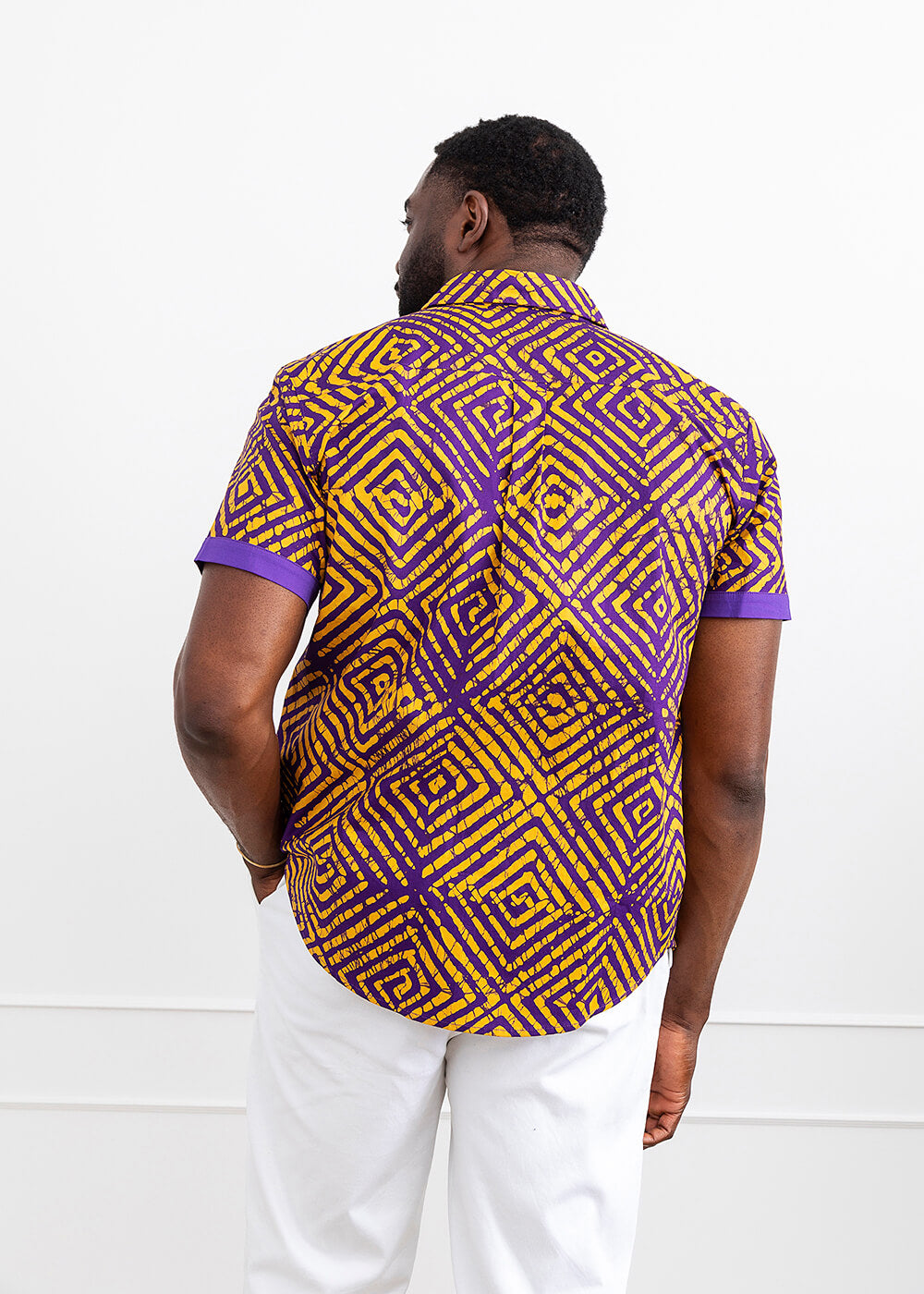 Tisholo Men's African Print Button-Up Shirt (Purple Diamond Adire) - Clearance