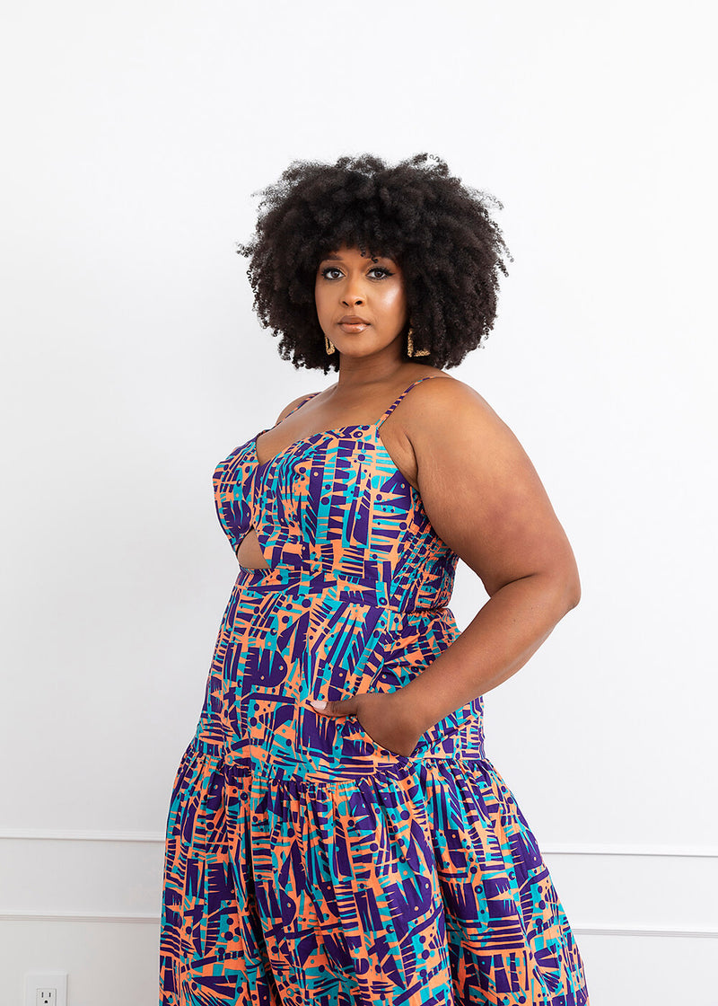 Aretta Women's African Print Stretch Dress (Purple Tangerine Adire)- Clearance