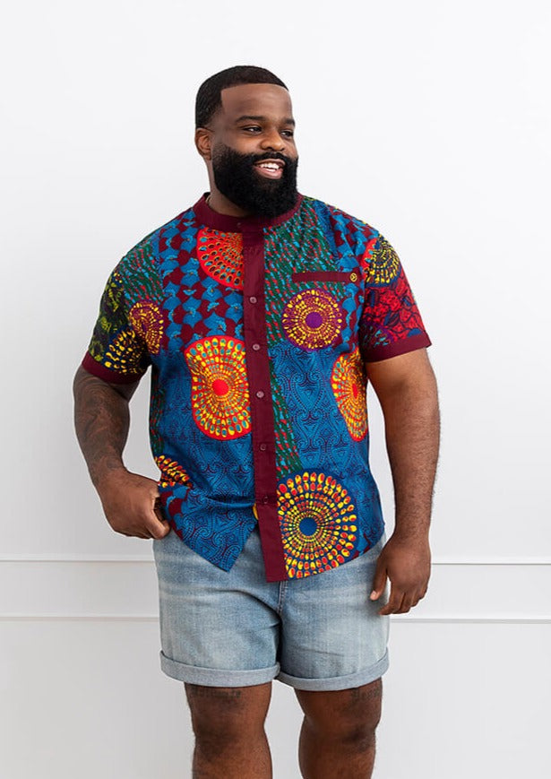 Olu Men's African Print Mandarin Collar Shirt (New Harvest Multipattern)