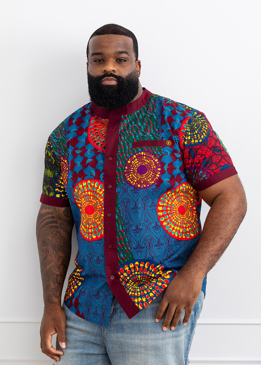 Olu Men's African Print Mandarin Collar Shirt (New Harvest Multipattern)