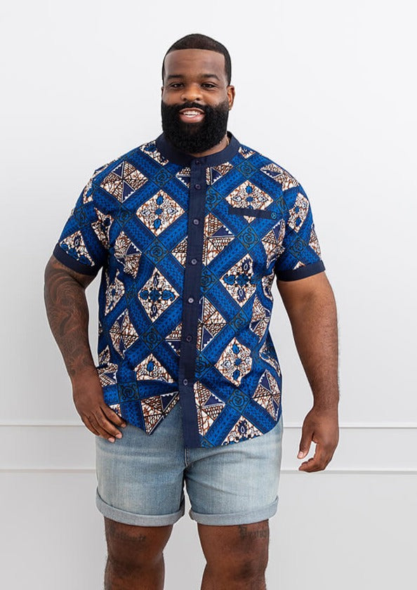 Olu Men's African Print Mandarin Collar Shirt (Blue Tan Diamonds) - Clearance