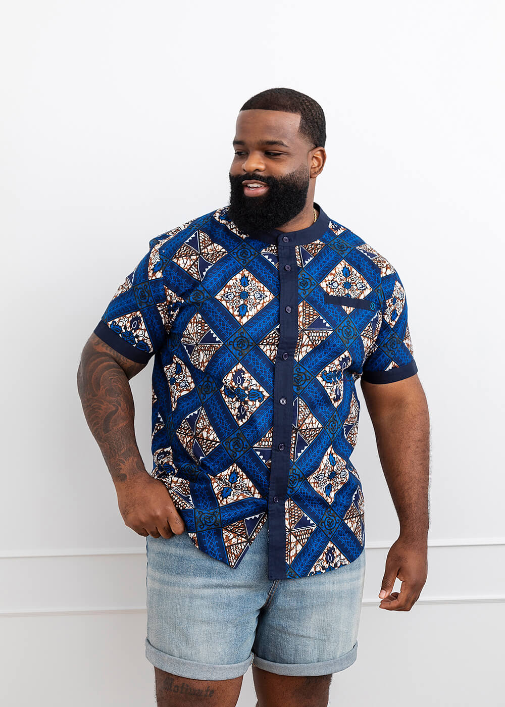 Olu Men's African Print Mandarin Collar Shirt (Blue Tan Diamonds) - Clearance