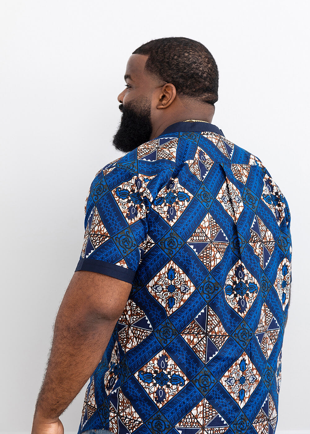 Olu Men's African Print Mandarin Collar Shirt (Blue Tan Diamonds) - Clearance