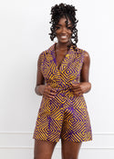 Chichima Women's African Print Blazer Romper (Purple Diamond Adire) - Clearance