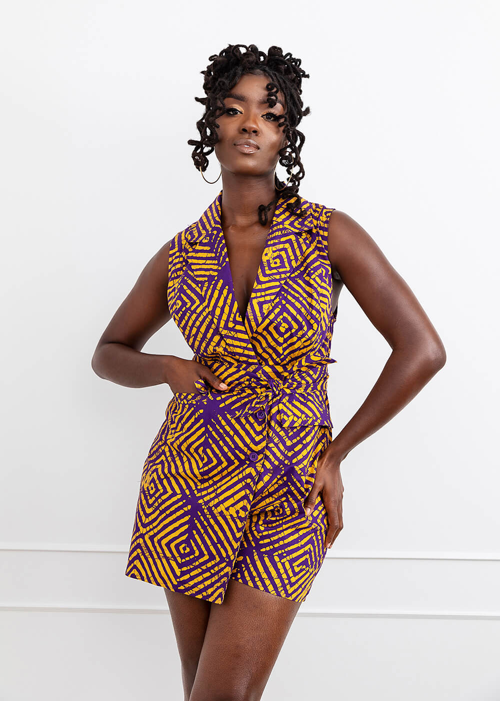 Chichima Women's African Print Blazer Romper (Purple Diamond Adire) - Clearance