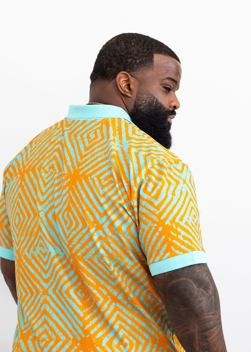 Femi African Print Color-Blocked Polo Shirt (Orange Blue Adire) - Clearance