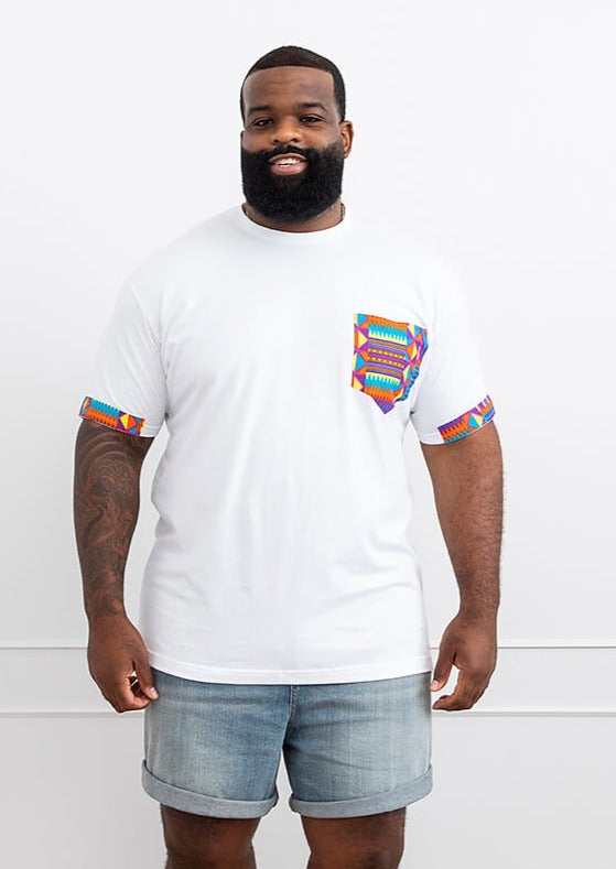 Seun Men's African Print T-Shirt with Pocket (Rainbow Kente) - Clearance