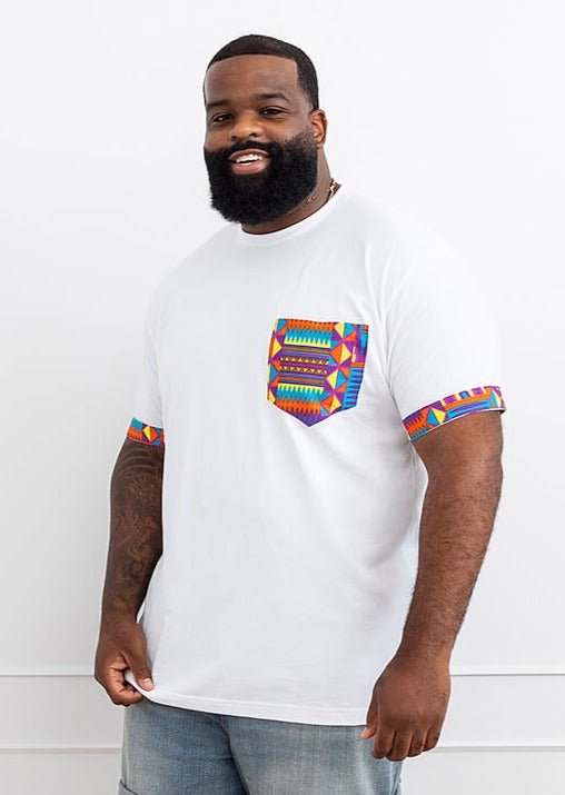 Seun Men's African Print T-Shirt with Pocket (Rainbow Kente) - Clearance