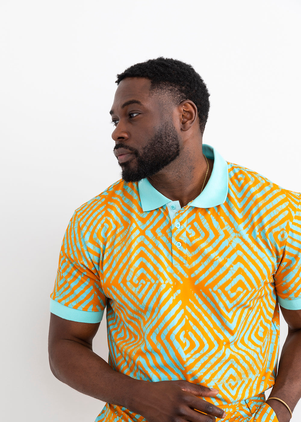 Femi African Print Color-Blocked Polo Shirt (Orange Blue Adire) - Clearance