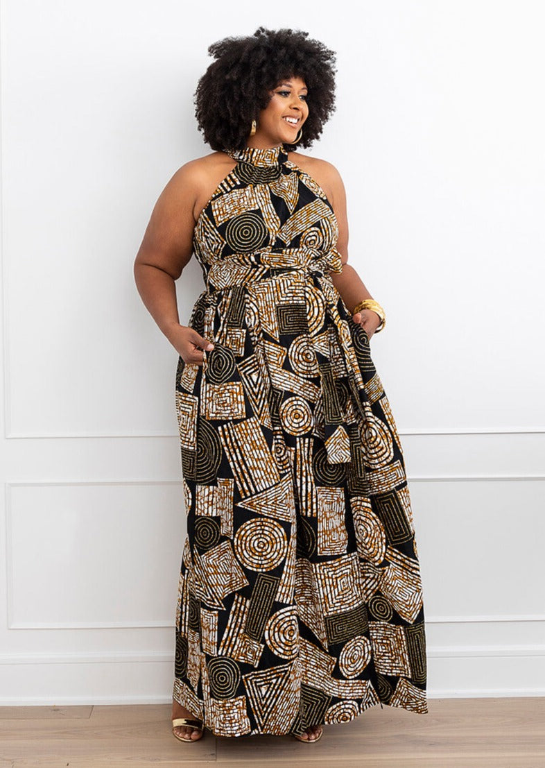 Ronke African Print Halter Maxi Dress Black Brown Geometric