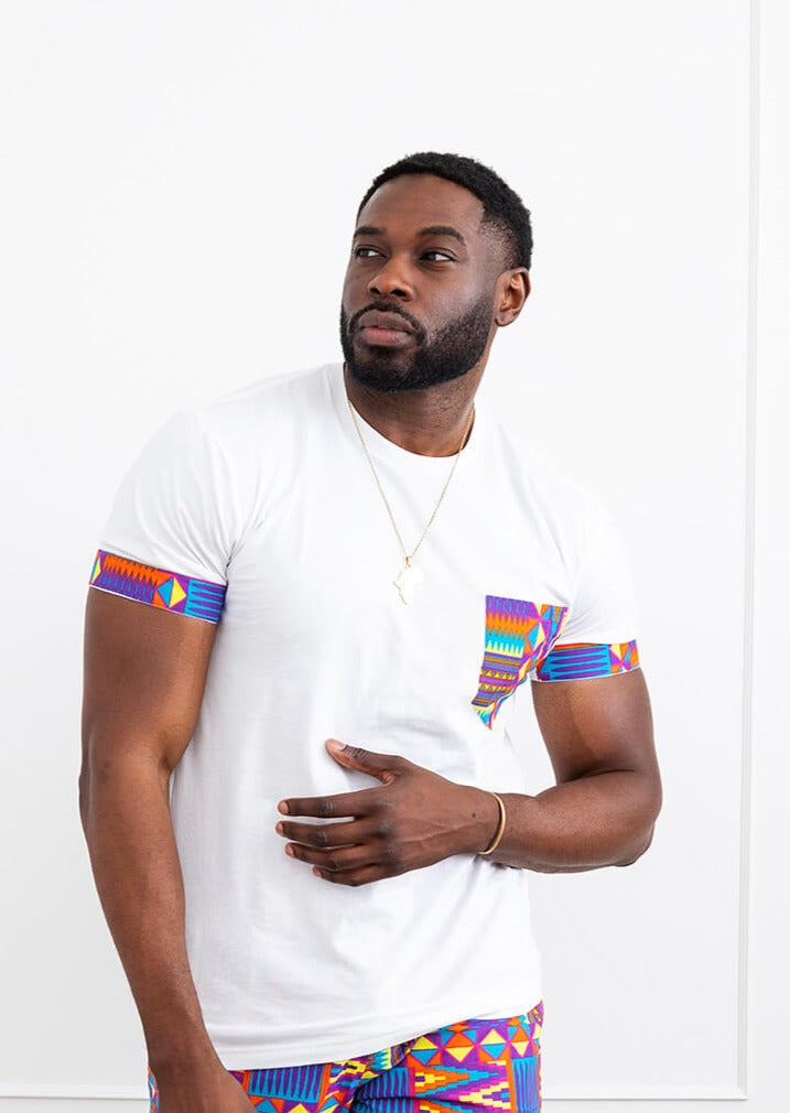 Seun Men's African Print T-Shirt with Pocket (Rainbow Kente) - Clearance