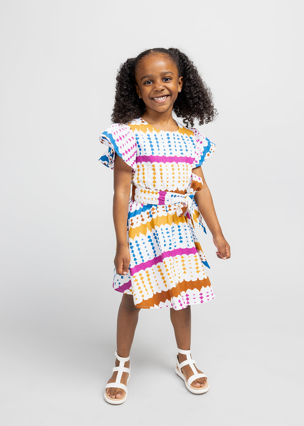 Kadija Girl's African Print Butterfly Sleeve Dress (White Nautical Adire)