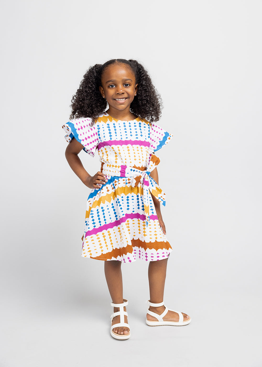 Kadija Girl's African Print Butterfly Sleeve Dress (White Nautical Adire)