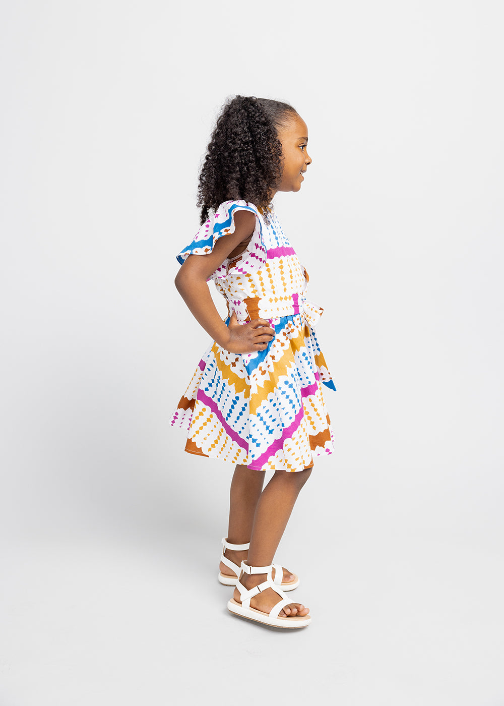 Kadija Girl's African Print Butterfly Sleeve Dress (White Nautical Adire)