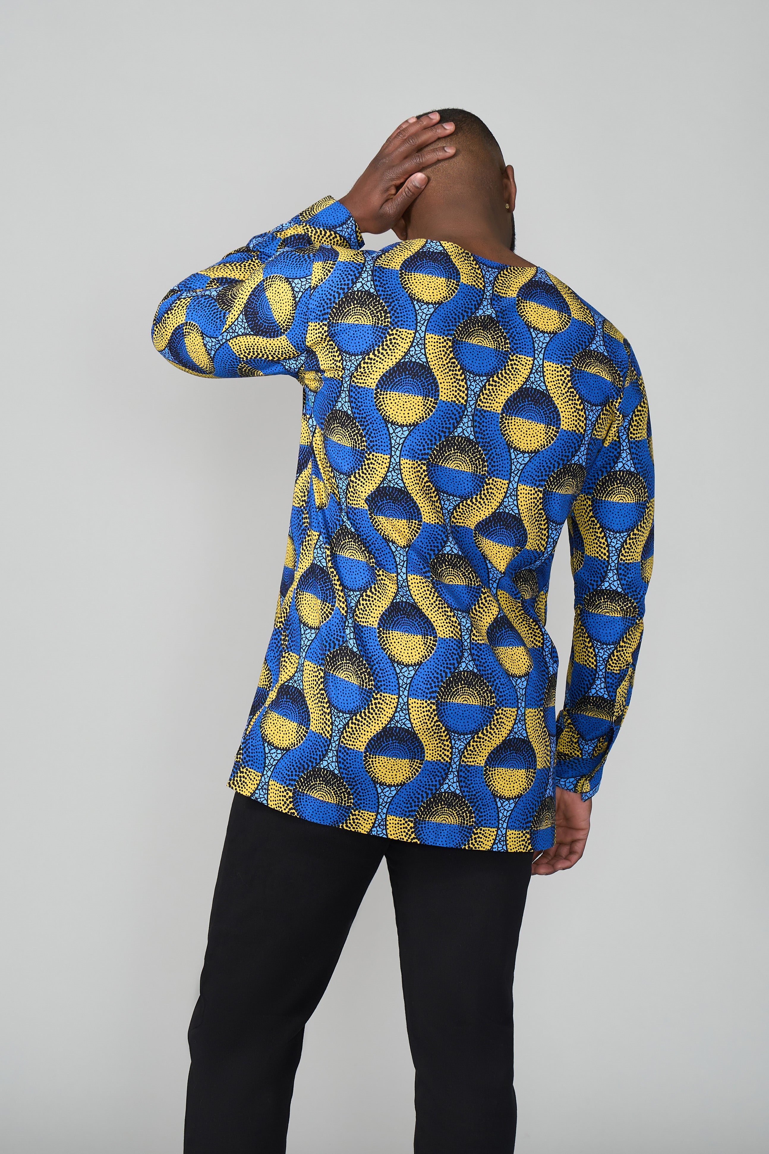 Ibrahim African Print Traditional Top (Blue Gold Circles)